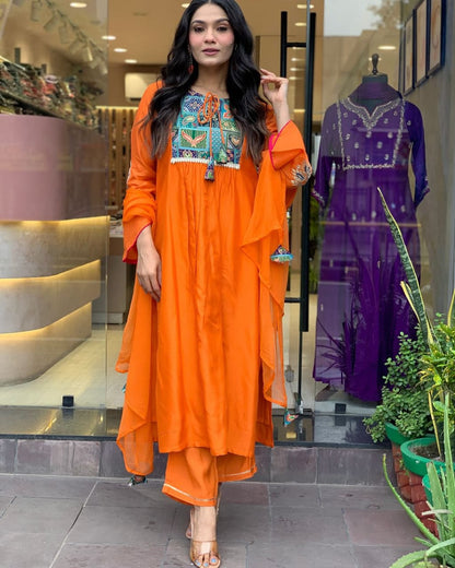 ORANGE EMBROIDERED ANARKALI KURTA SET