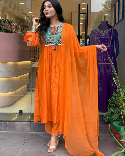 ORANGE EMBROIDERED ANARKALI KURTA SET