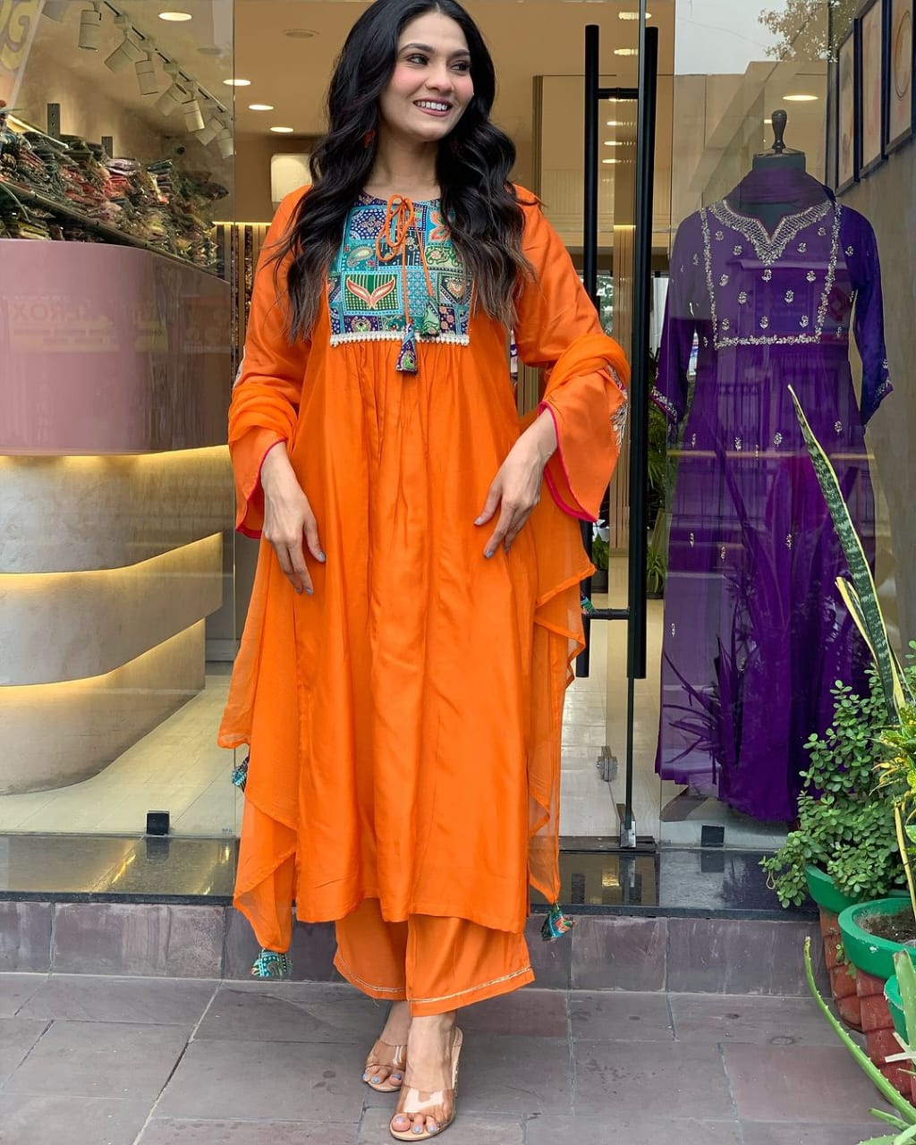 ORANGE EMBROIDERED ANARKALI KURTA SET