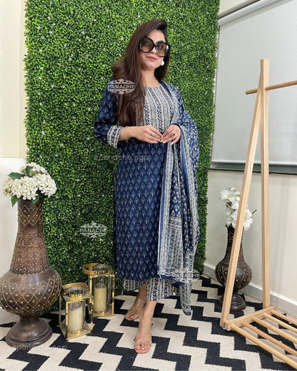 LIBAS INDIGO PRINTED COTTON STRAIGHT SUIT WITH DUPATTA