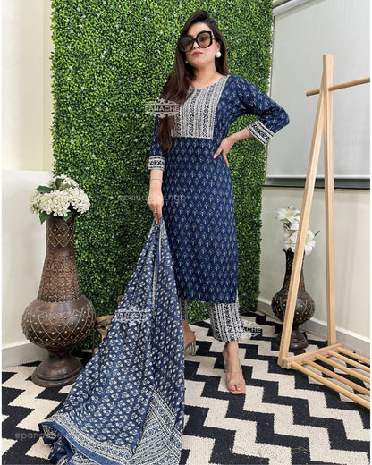 LIBAS INDIGO PRINTED COTTON STRAIGHT SUIT WITH DUPATTA