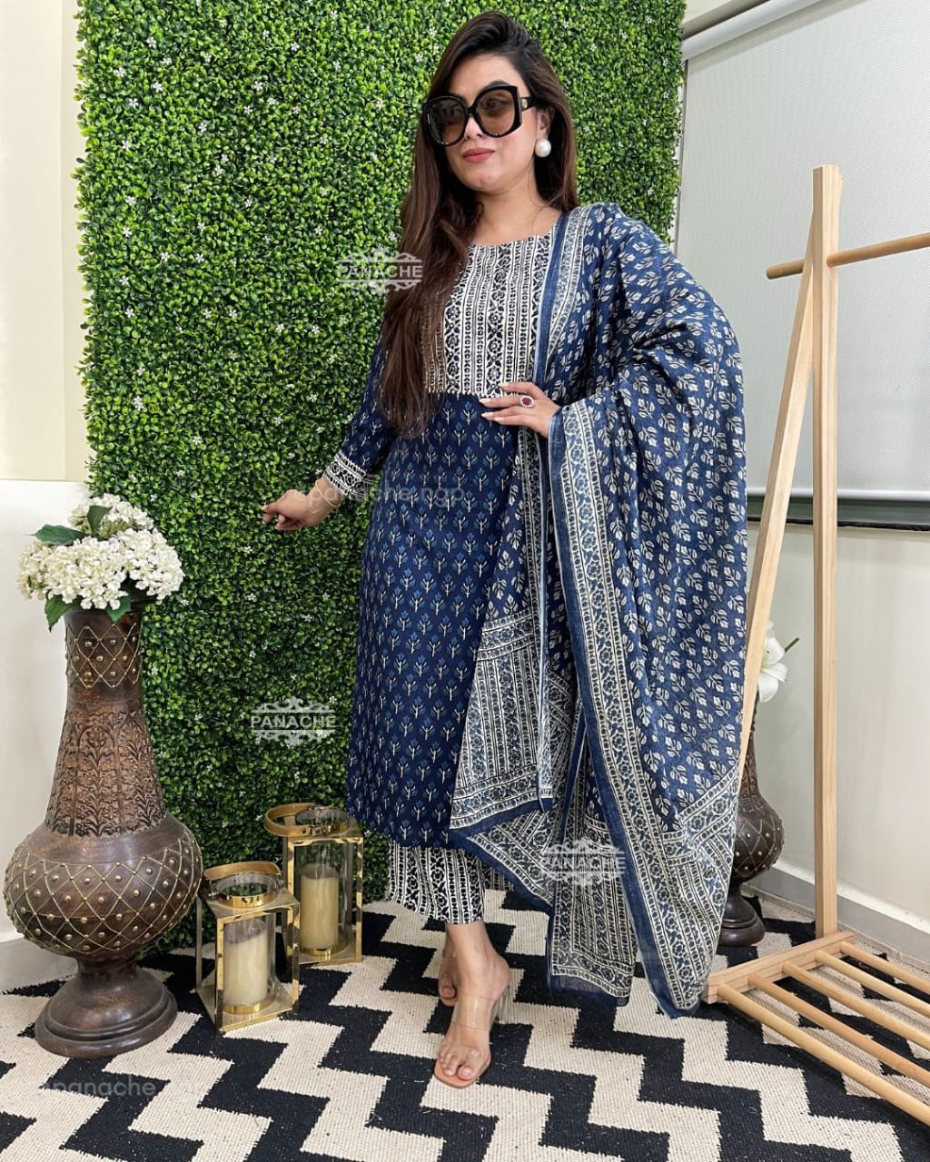LIBAS INDIGO PRINTED COTTON STRAIGHT SUIT WITH DUPATTA