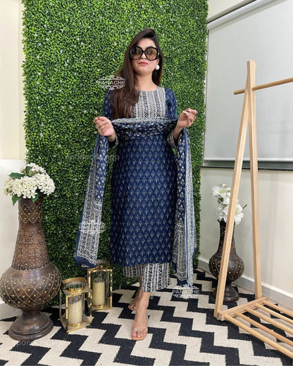 LIBAS INDIGO PRINTED COTTON STRAIGHT SUIT WITH DUPATTA