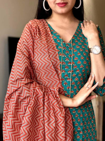 WOMEN'S 3-PIECE COTTON SUIT WITH PRINTED MULMUL DUPATTA & SEQUENCE YOKE
