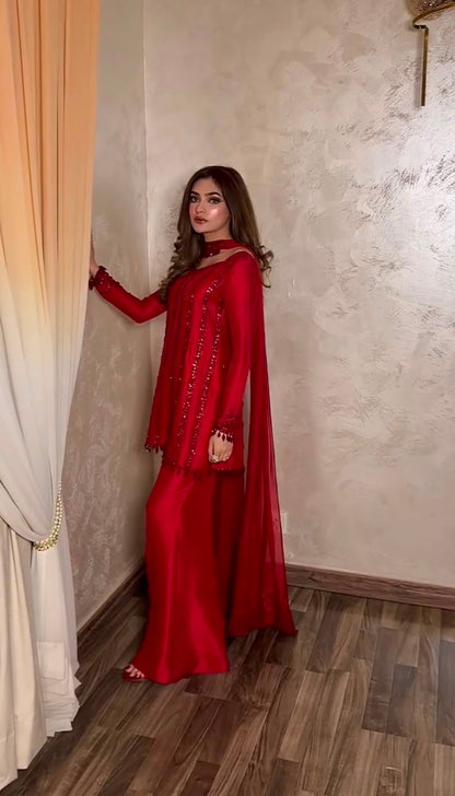 SILK-BLEND TUNIC AND PALAZZO SET SHEER DUPATTA