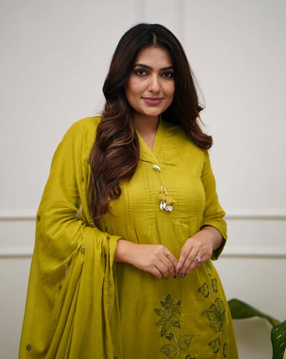 OLIVE GREEN V NECK HAND-EMBROIDERED COTTON SUIT SET
