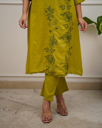 OLIVE GREEN V NECK HAND-EMBROIDERED COTTON SUIT SET