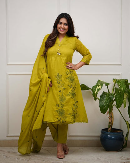 OLIVE GREEN V NECK HAND-EMBROIDERED COTTON SUIT SET