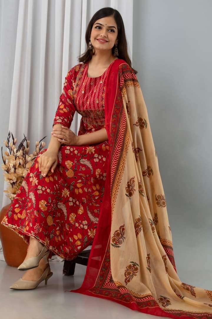 RED COTTON ANARKALI KURTI SET WITH DORI & HEAVY EMBROIDERY WORK