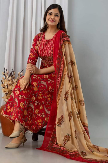 RED COTTON ANARKALI KURTI SET WITH DORI & HEAVY EMBROIDERY WORK