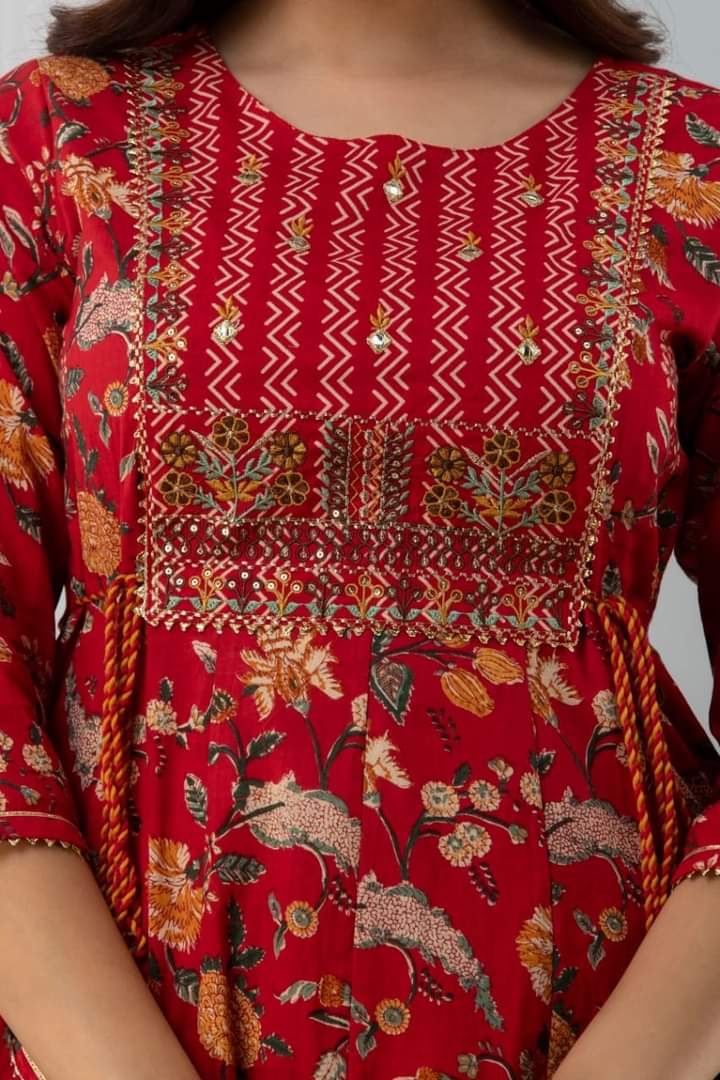 RED COTTON ANARKALI KURTI SET WITH DORI & HEAVY EMBROIDERY WORK