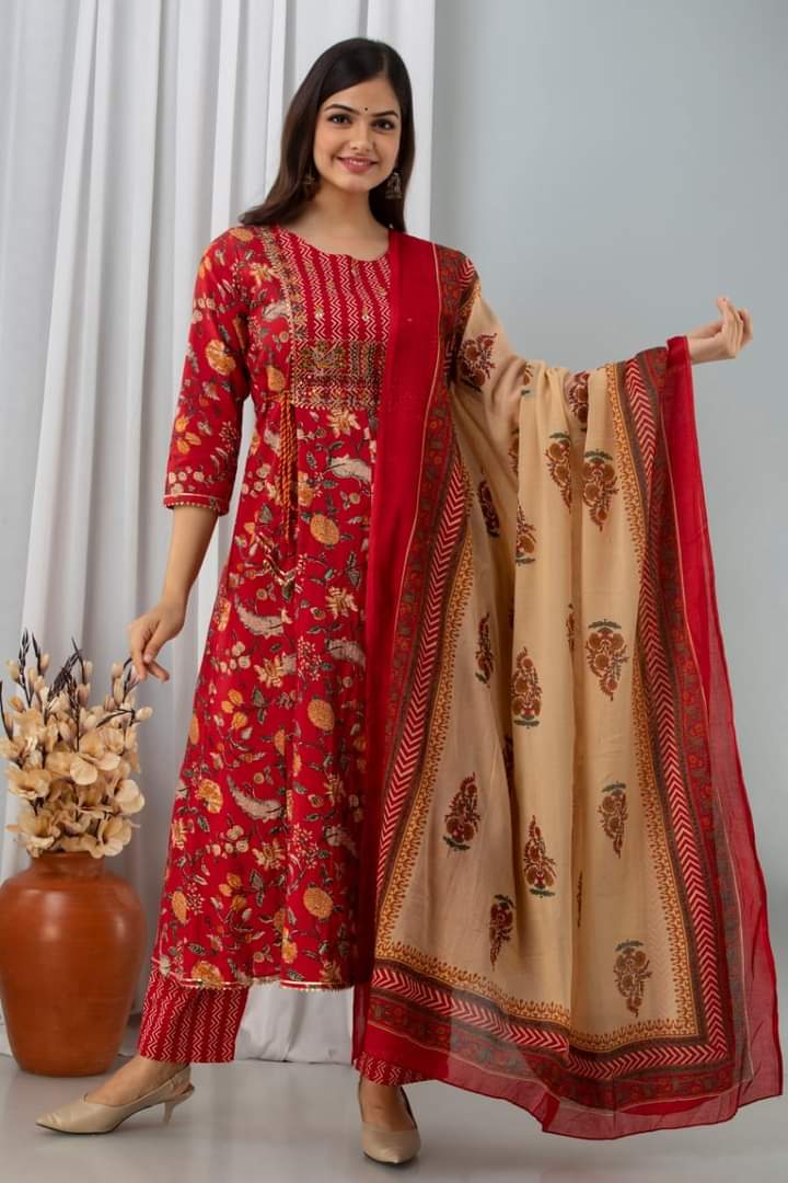 RED COTTON ANARKALI KURTI SET WITH DORI & HEAVY EMBROIDERY WORK