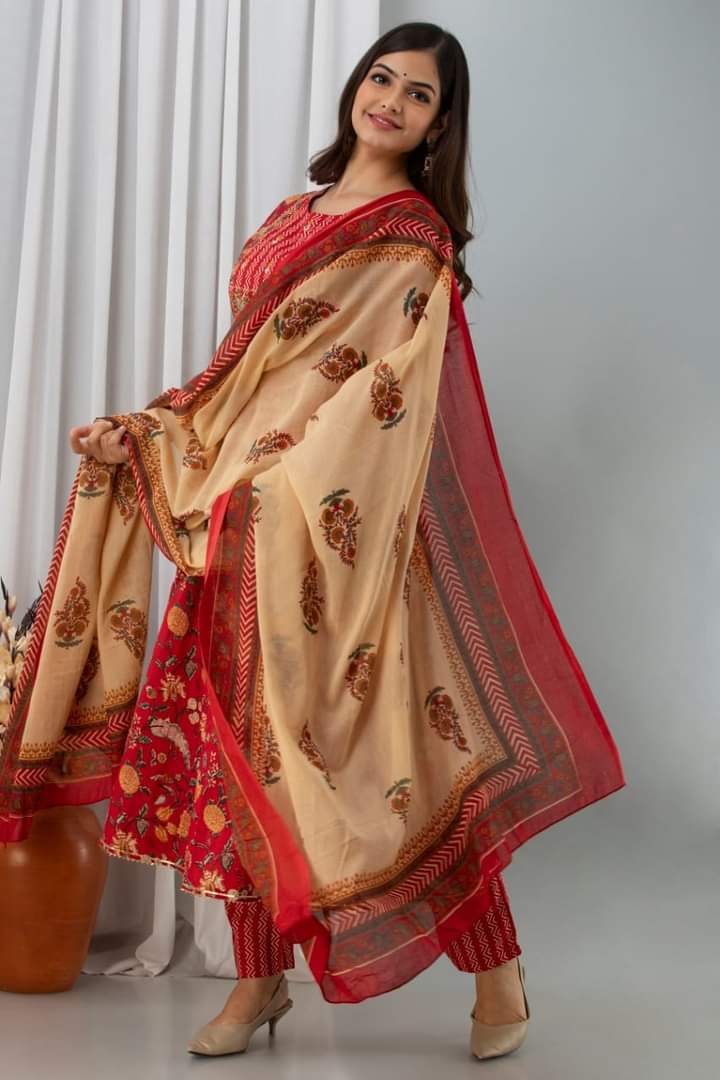RED COTTON ANARKALI KURTI SET WITH DORI & HEAVY EMBROIDERY WORK