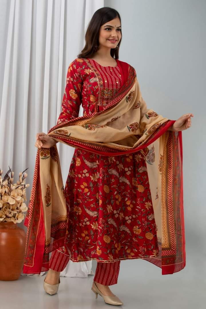 RED COTTON ANARKALI KURTI SET WITH DORI & HEAVY EMBROIDERY WORK