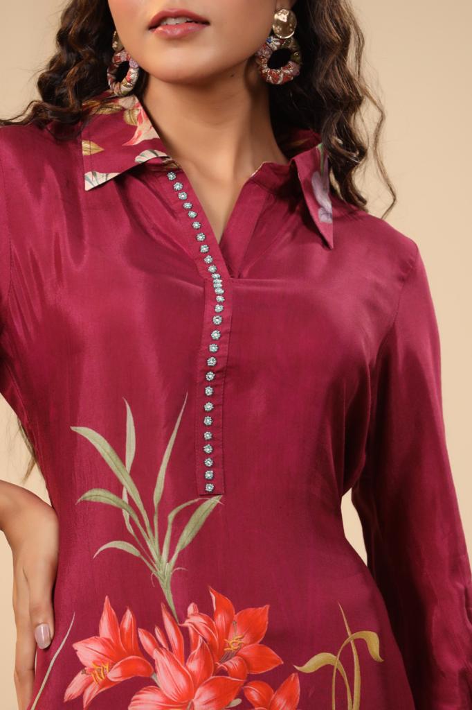 MAROON FLORAL PRINT STRAIGHT CO-ORD SET