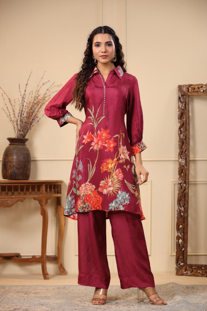 MAROON FLORAL PRINT STRAIGHT CO-ORD SET