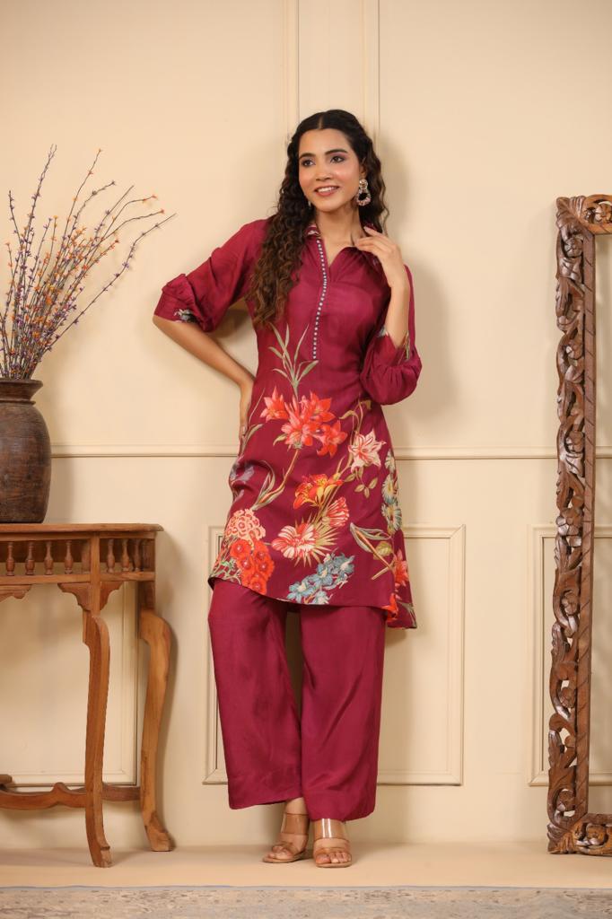 MAROON FLORAL PRINT STRAIGHT CO-ORD SET
