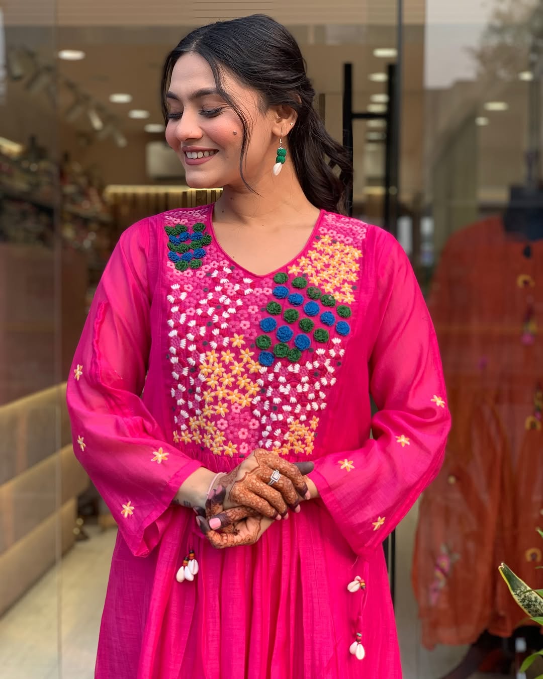 HOT PINK COTTON ANARKALI KURTA SET WITH EMBROIDERED YOKE