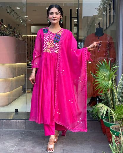 HOT PINK COTTON ANARKALI KURTA SET WITH EMBROIDERED YOKE