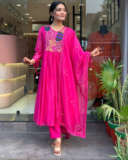 HOT PINK COTTON ANARKALI KURTA SET WITH EMBROIDERED YOKE