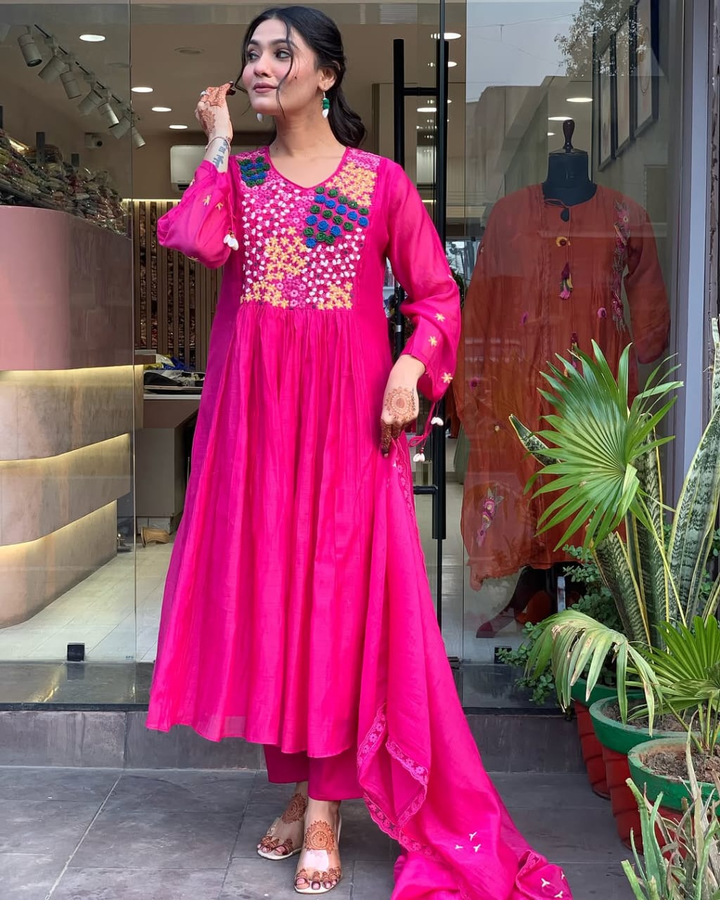 HOT PINK COTTON ANARKALI KURTA SET WITH EMBROIDERED YOKE