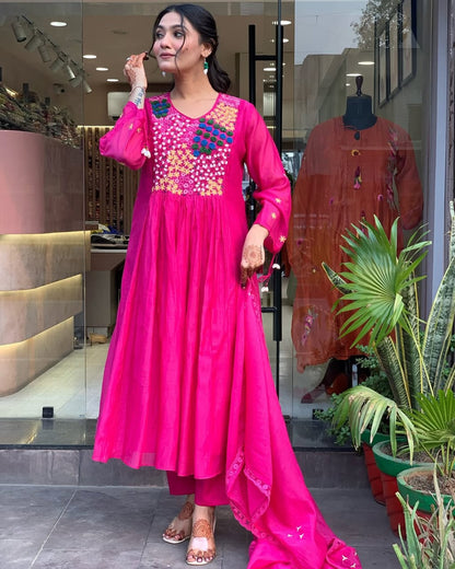 HOT PINK COTTON ANARKALI KURTA SET WITH EMBROIDERED YOKE