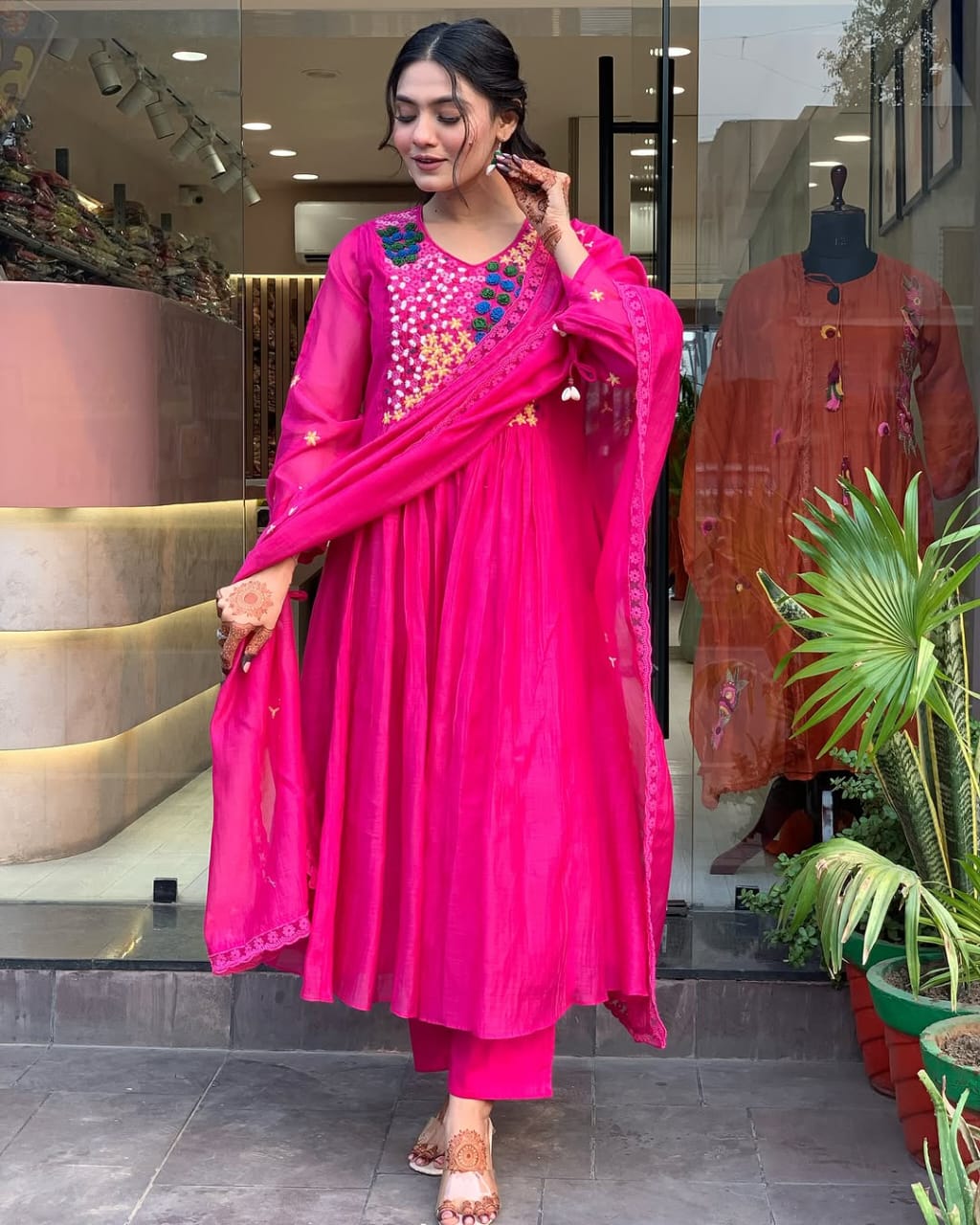 HOT PINK COTTON ANARKALI KURTA SET WITH EMBROIDERED YOKE