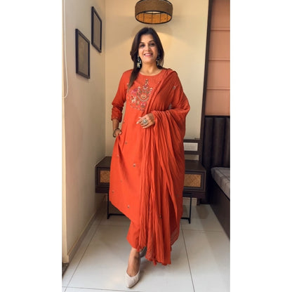 ORANGE HEAVY EMBROIDERY COTTON SLUB KURTA SET