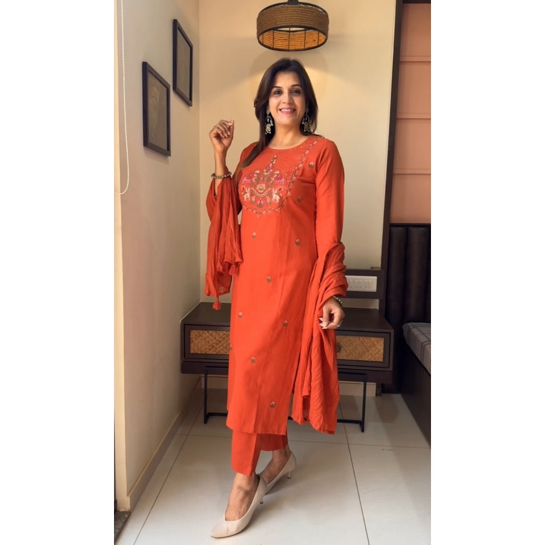 ORANGE HEAVY EMBROIDERY COTTON SLUB KURTA SET