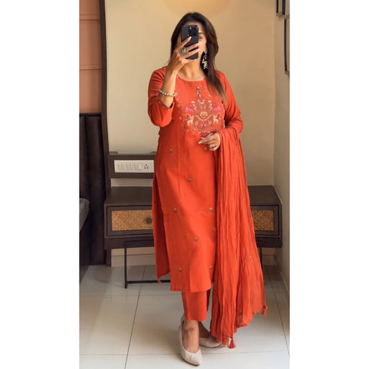 ORANGE HEAVY EMBROIDERY COTTON SLUB KURTA SET
