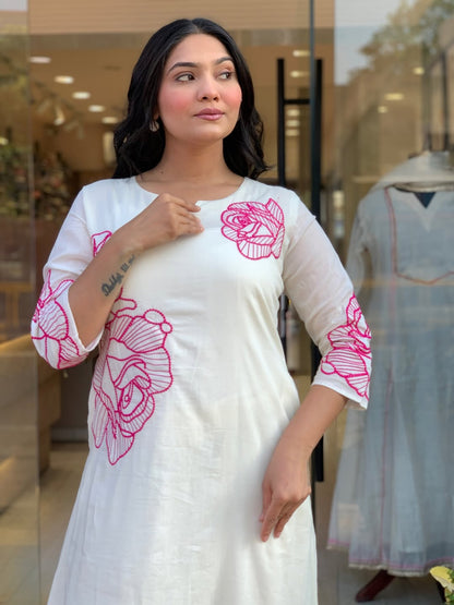 WHITE MULMUL COTTON KURTI SET WITH PINK ROSE EMBROIDERY