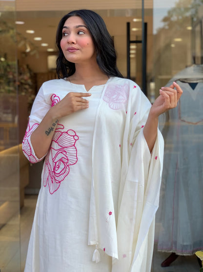 WHITE MULMUL COTTON KURTI SET WITH PINK ROSE EMBROIDERY