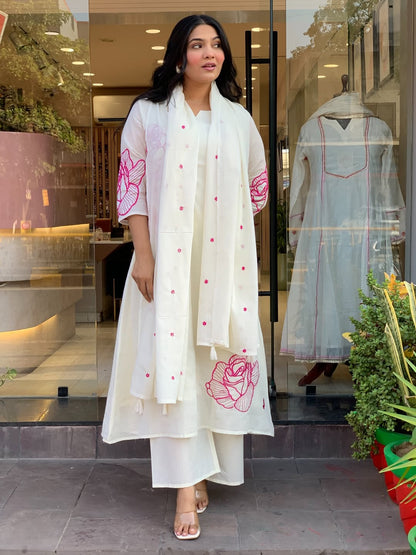 WHITE MULMUL COTTON KURTI SET WITH PINK ROSE EMBROIDERY