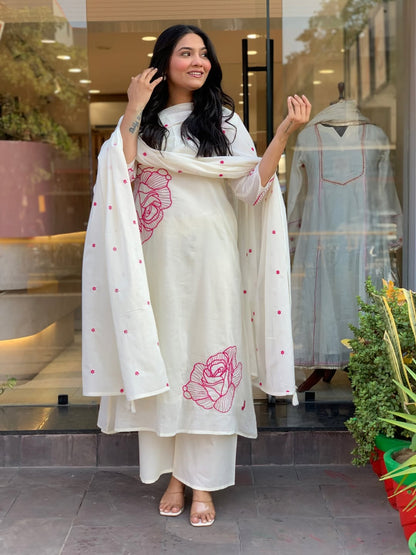 WHITE MULMUL COTTON KURTI SET WITH PINK ROSE EMBROIDERY