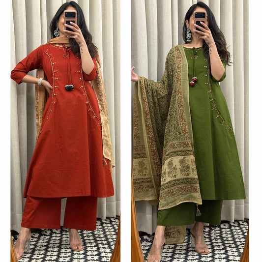 COTTON KURTA SET WITH MIRROR WORK