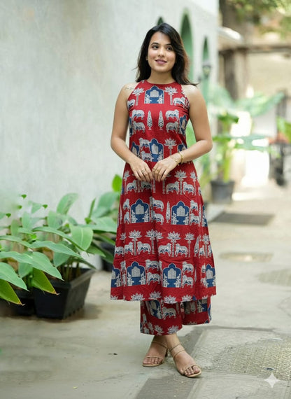 HULTER NECK PRINTED SLEEVELESS COTTON KURTA SET
