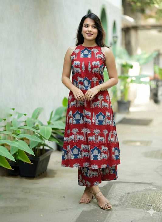 HULTER NECK PRINTED SLEEVELESS COTTON KURTA SET