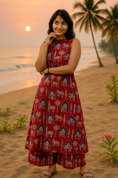 HULTER NECK PRINTED SLEEVELESS COTTON KURTA SET