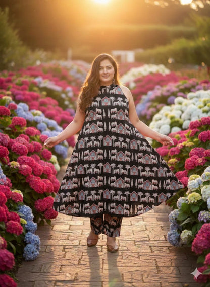 HULTER NECK PRINTED SLEEVELESS COTTON KURTA SET