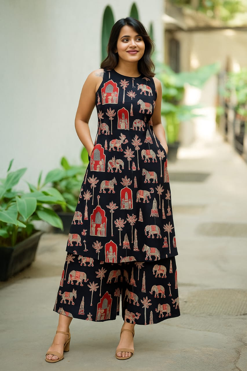 HULTER NECK PRINTED SLEEVELESS COTTON KURTA SET