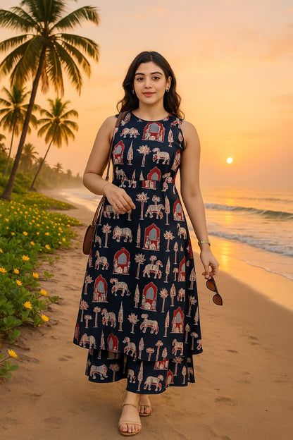 HULTER NECK PRINTED SLEEVELESS COTTON KURTA SET