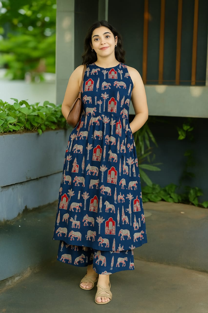 HULTER NECK PRINTED SLEEVELESS COTTON KURTA SET