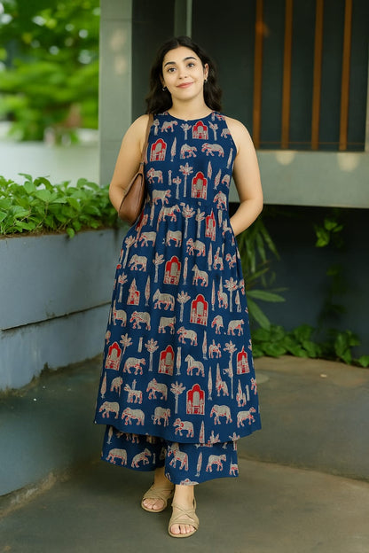 HULTER NECK PRINTED SLEEVELESS COTTON KURTA SET