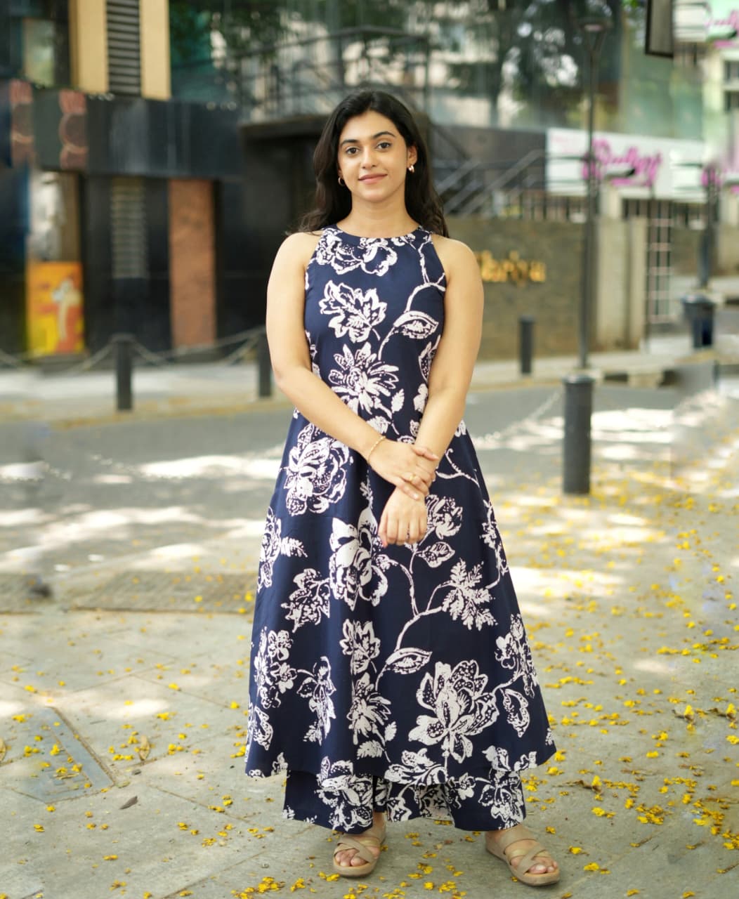 NAVY BLUE HULTER NECK PRINTED SLEEVELESS COTTON KURTA SET