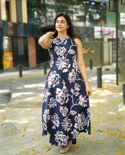 NAVY BLUE HULTER NECK PRINTED SLEEVELESS COTTON KURTA SET