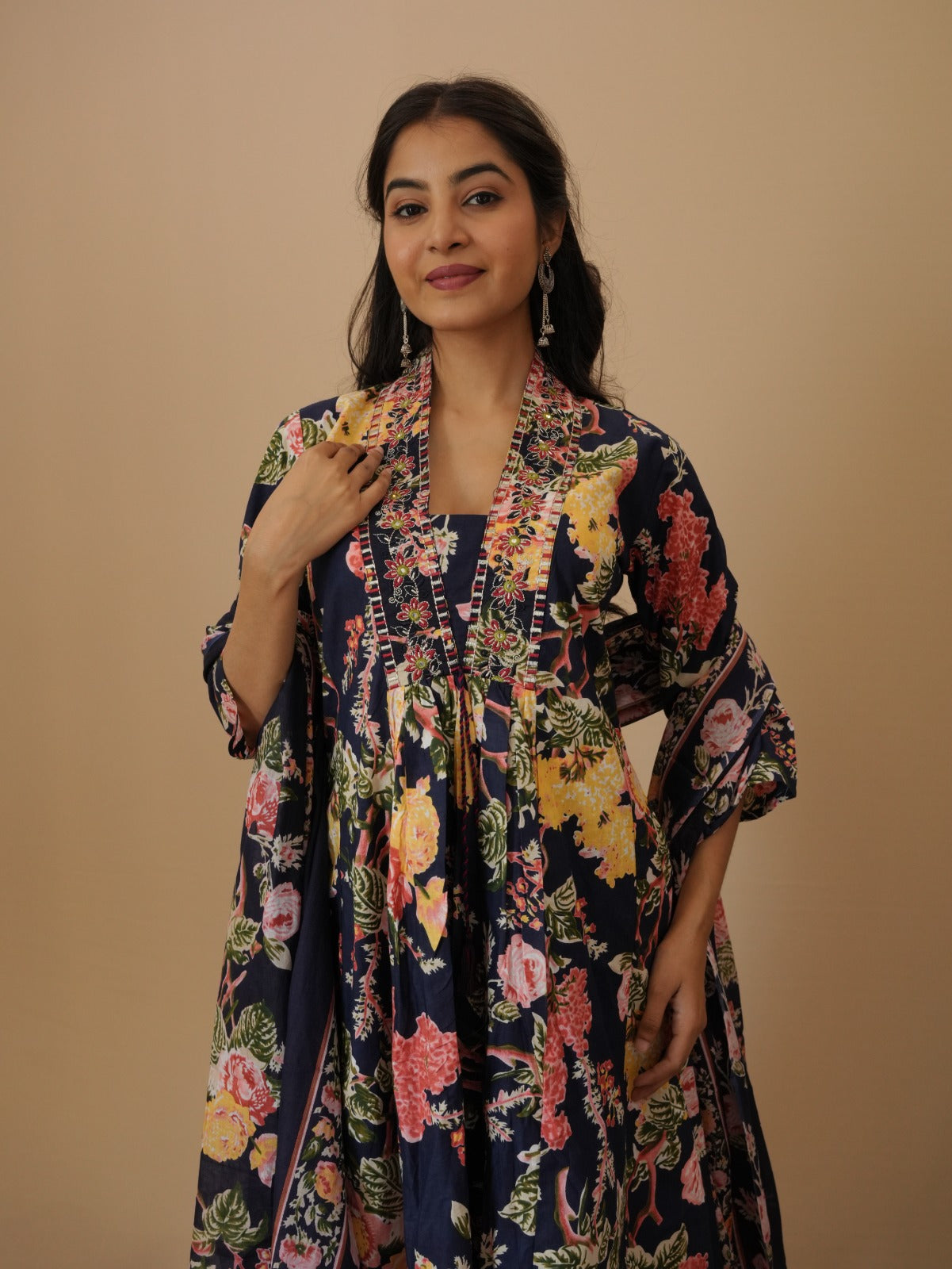 NAVY COTTON CALF LENGTH PRINTED V-NECK ANARKALI SET