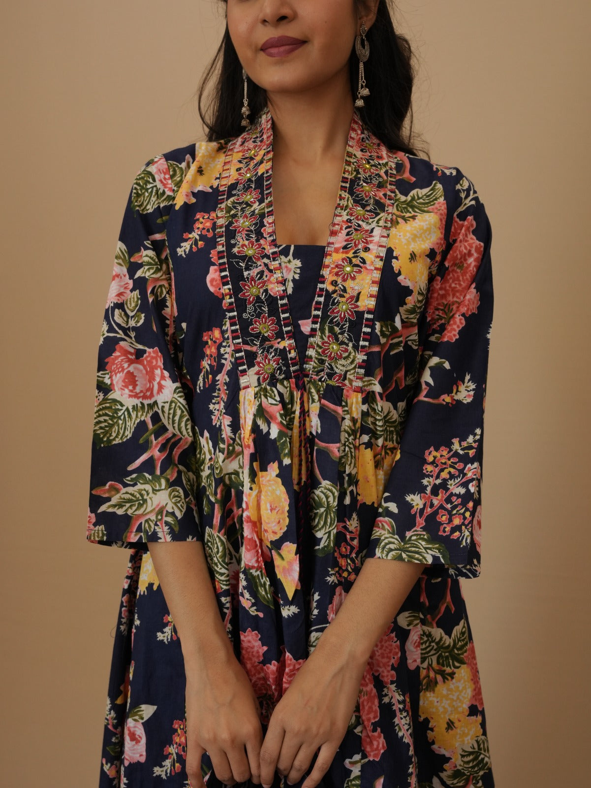 NAVY COTTON CALF LENGTH PRINTED V-NECK ANARKALI SET