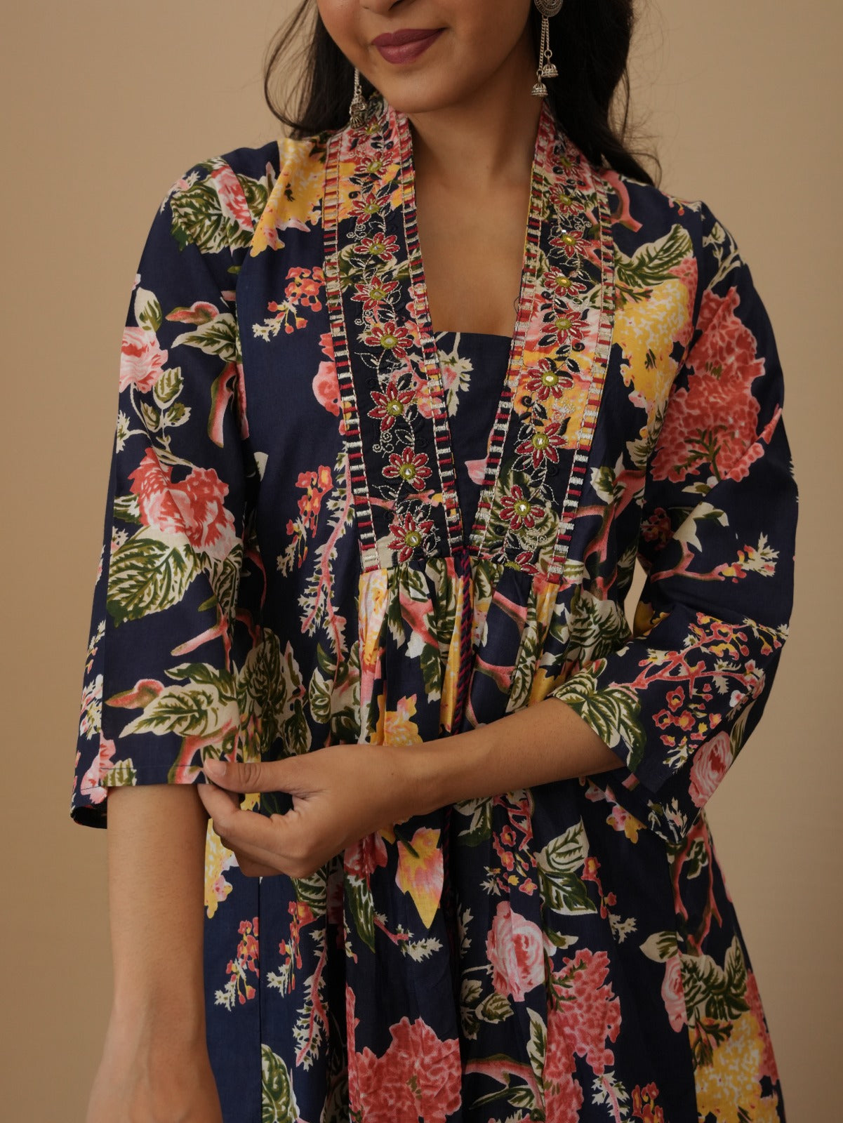 NAVY COTTON CALF LENGTH PRINTED V-NECK ANARKALI SET