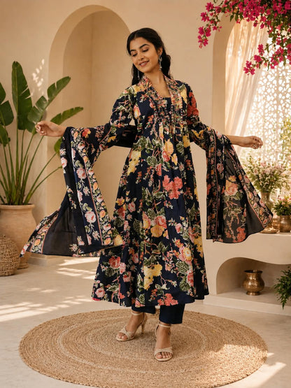 NAVY COTTON CALF LENGTH PRINTED V-NECK ANARKALI SET