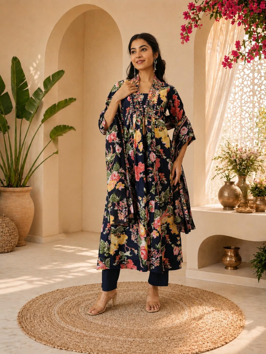 NAVY COTTON CALF LENGTH PRINTED V-NECK ANARKALI SET